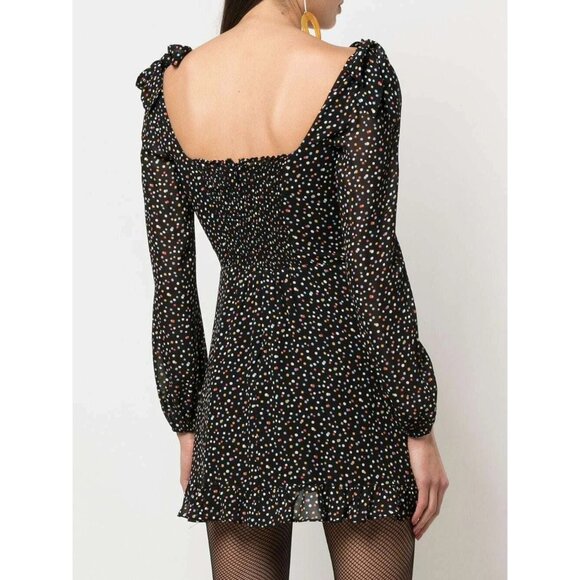 Reformation Elin Black Confetti Polka Dot Square Neck Bow Shoulder Mini Dress 4 - Picture 5 of 10